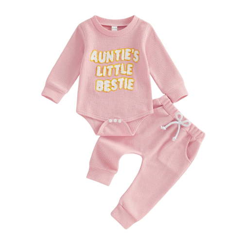 WUANDIXFA Aunties Bestie Baby Clothes Gender Neutral Baby Boy Girl Embroidery Waffle Sweatshirt Bodysuit Romper Pant Fall Outfit (Pink, 0-3 Months)