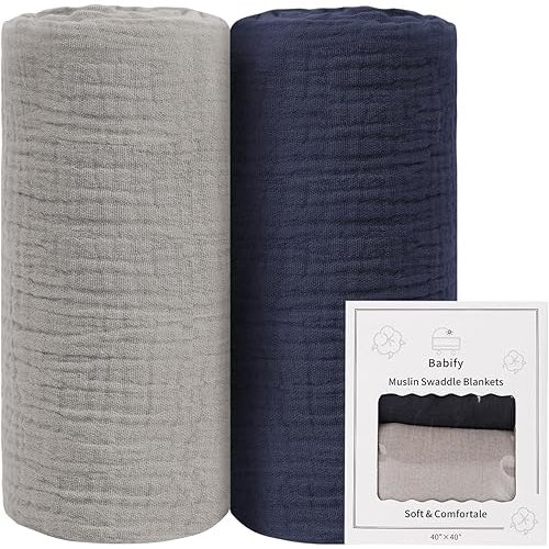 Baby Swaddle Blanket Neutral - Lightweight and Breathable Muslin Swaddles for Newborns - Receiving Blanket for Baby Boys and Girls (Bluegrey, 2pack)