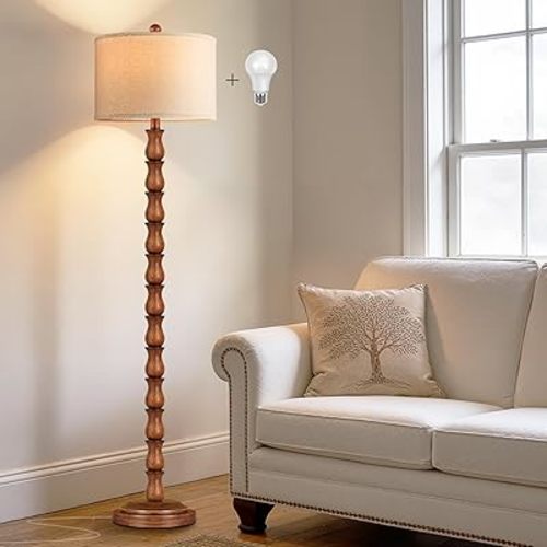 63.5" Rustic Floor Lamp for Living Room, Farmhouse Floor Lamp with Rotary Switch & Linen Shade, Vintage Resin Tall Standing Lamp for Bedroom Corner Office Home Decor, Light Walnut (LED Bulb Included)