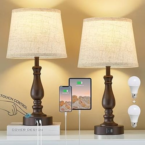 Table Lamps for Bedrooms Set of 2 - Touch Bedside Lamps with USB C+A Ports - Dimmable Nightstand Lamps for End Tables Farmhouse Night Stand Lamps for Living Room Bed Side Guest Room