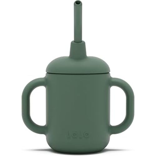Lalo Little Cup, Non-Toxic Silicone Straw Cup with Handles - Baby and Toddler Sippy Cup - Mini Cup and Straw Training System, 4oz, Olive