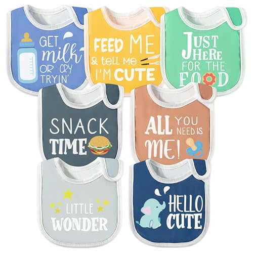 7Pcs Cotton Waterproof Baby Bibs Hook Loop Closure Newborn Bib Keepsake Baby Gift for Drooling Feeding Eating