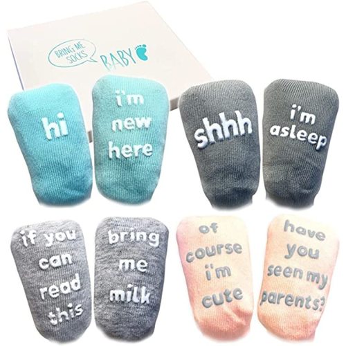 Baby Socks Gift Set - Unique Baby Shower or Newborn Gift - 4 Pairs of Cute Funny Quotes in Gift Box
