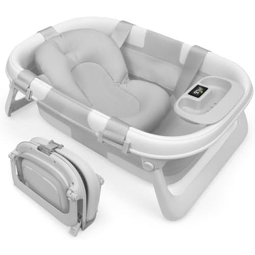 Jool Baby Foldable Baby Bathtub – Portable for Travel – Thermometer (Gray)