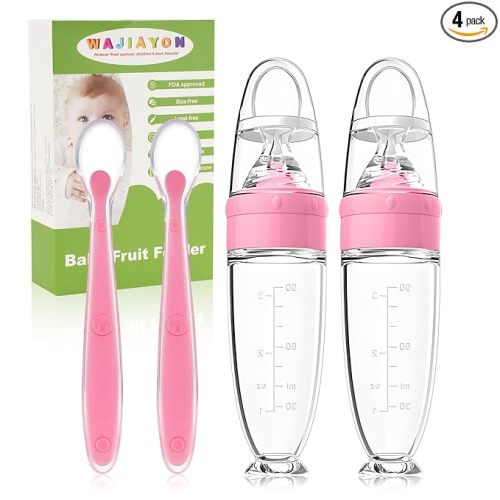 WAJIAYON Baby Food Feeder 4 Pack Silicone Baby Food Dispensing Spoon-3 oz Squeeze Feeding Spoons with Suction Cup for Boys Girl Kids Toddlers - Self Feeding Bottle Spoon-Peach Pink