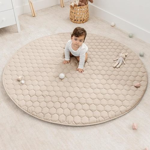 Comfy Cubs Round Kids Play Mat - Large 60 inches Soft Quilted Baby Floor Mat with Non-Slip Bottom - Plush Design for Toddlers' Playtime - Comfortable and Durable - Sand