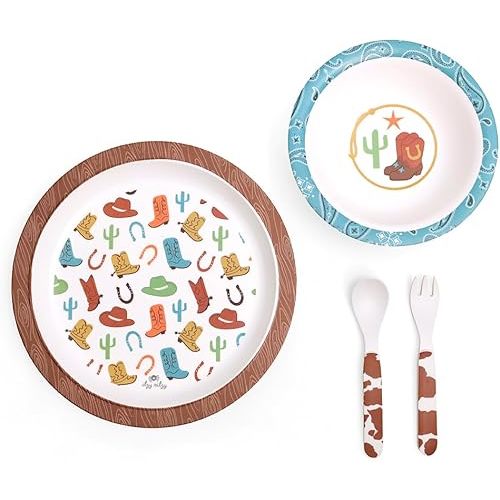 Itzy Ritzy Dining Set - Melamine Plate, Bowl, Fork & Spoon Set, Designed For Ages 6 Months and Up (Western)