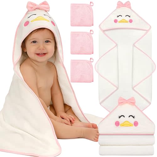 4 PCS Baby Towels Set, Soft Baby Towels and Washcloths Set(Pink Duck) | 1 Baby Towels & 3 Washcloths Set, Baby Bath Towels Set, Cute Animal Hooded Baby Towel, Baby Bath Essentials for Boy and Girl