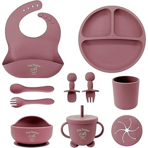 10-Piece Silicone Baby Feeding Set – BPA-Free, Spill-Proof Suction Plate, Bowl, Bib, Snack Cup & Utensils | Dishwasher Safe, Baby Gift Ready (Dark Pink)