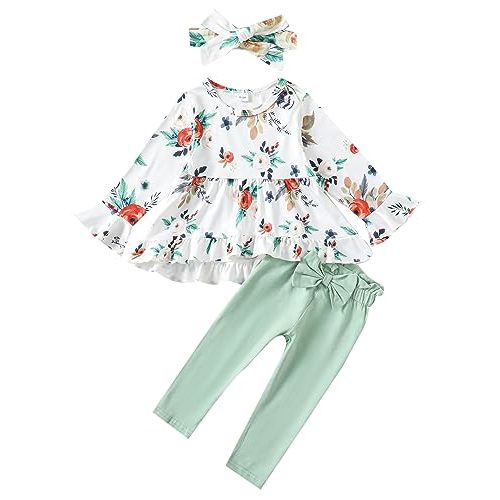 Kucnuzki Baby Girl Clothes Toddler Girl Outfit Ruffle Sleeve Shirt Floral Pant Set Fall Winter Clothing for Girl