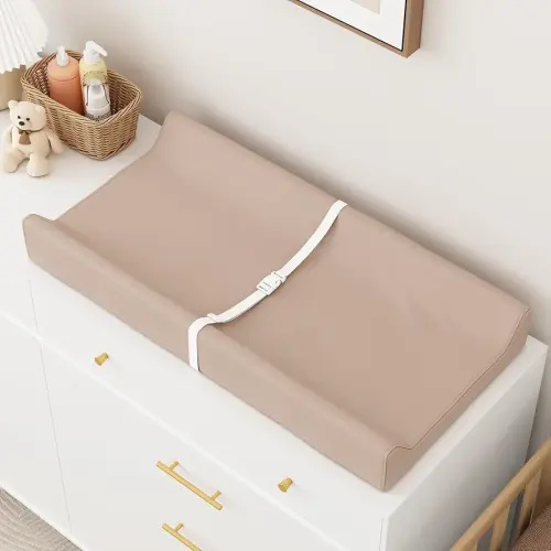 Wipeable Baby Changing Pad for Dresser and Table, Cozy Diaper Changing Pad with Waterproof & Wipe-Clean Leather Cover, Light Brown