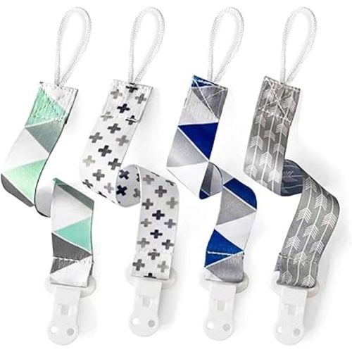 PandaEar Baby Pacifier Clips Solid Color, 4 Pack Universal Holder Leash for Boys and Girls, Teething Toys Teethers (Neutral)