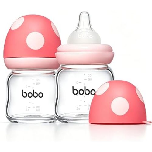 YOHKOH Natural Glass Baby Bottle with Level 2 Medium Flow Nipple, Newborn Anti-Colic Baby Bottles, Wide Neck Mushroom Baby Glass Bottle (3.4oz (Pack of 2), Red)