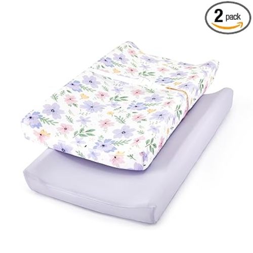 TILLYOU Changing Pad Cover Girl Set in Soft Jersey Material - Fits 32"/34''x16 Contoured Pad for Babies, Brilliant Little Flowers and Purple