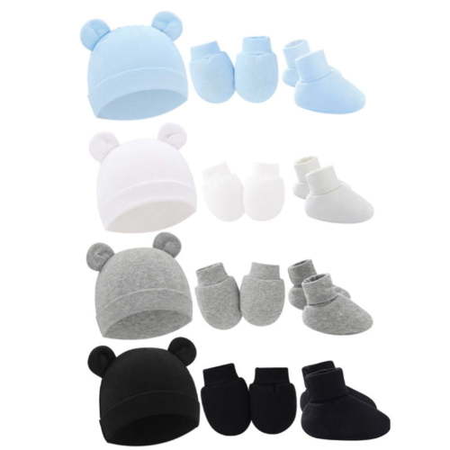 4Pack Newborn Baby Boy Girl Bear Ear Hat and Mitten Footcuff Sets Infant Cotton Beanie Gloves Newborn Hospital Hat 0-6M