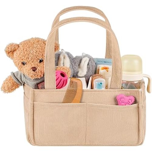 Baby Diaper Caddy Organizer - Portable Nursery Storage Basket for Newborn Essentials, Foldable Diaper Bag Organizer for Baby Shower Gifts and Registry Must-Haves, Car Organizer with Dividers (Beige)