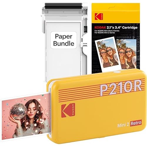 KODAK Mini 2 Retro 2x3 Portable Photo Printer, 38 Sheets, Bluetooth Smartphone Printer for iPhone & Android, Instant Color Prints, 4PASS Dye Sublimation, Yellow