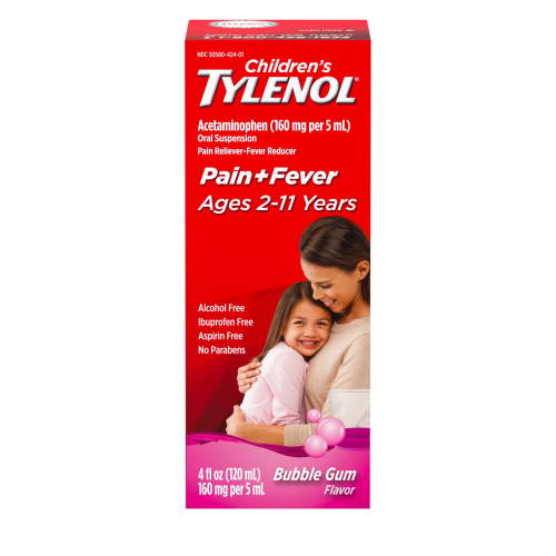Tylenol Kids' Fever Reducer + Pain Relief, Acetaminophen Oral Suspension Liquid, Bubble Gum Flavor, 4 fl. oz