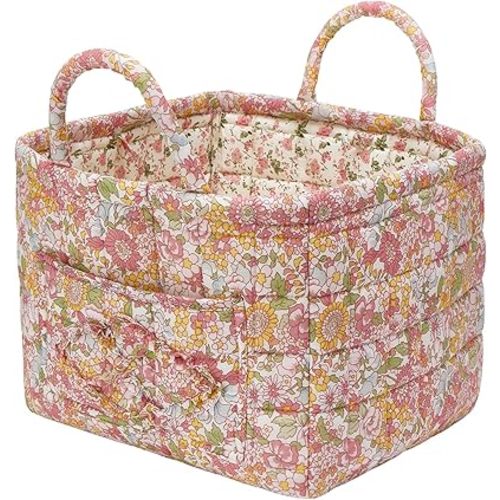 Quilted Fabric Storage Baskets with Handles, Boho Floral Gift Basket Foldable Organizer Bin for Home Decor, Picnic, Travel 12''x10''x10'' (Orange)