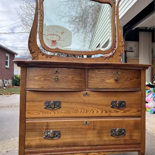 Antique Solid Tiger Oak Dresser with Ornate Mirror