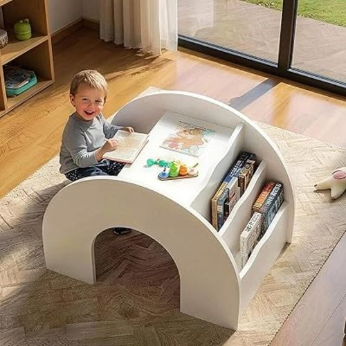 3-in-1 Kids Bookshelf with Table and Seat, Small Toddler Book Shelf for Kids Room Playroom, Arched Baby Bookshelf with Table for Reading Drawing Playing Ages | 2-7 (White)