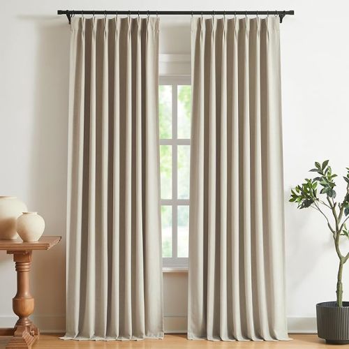 Vision Home Sand Pinch Pleated Full Blackout Curtains Linen Blended Room Darkening Window Curtains 90 inch for Living Room Bedroom Thermal Insulated Pinch Pleat Drapes with Hooks 2 Panel 40" Wx90 L