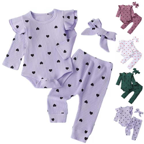 BLVB Newborn Baby Girl Clothes Ruffle Long Sleeve Romper Tops Pants Headband Infant Cute Heart Print Fall Outfits