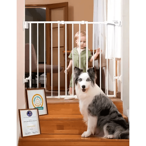Babelio Baby Gate for Stairs, Kitchen & Doorways, 26-43" W 28" H No Bottom Bar| Easy Installation| One-Handed Operation| Auto-Close| Hardware Mount (Drill Needed) Safety Dog/Pet Gate Indoor (White)