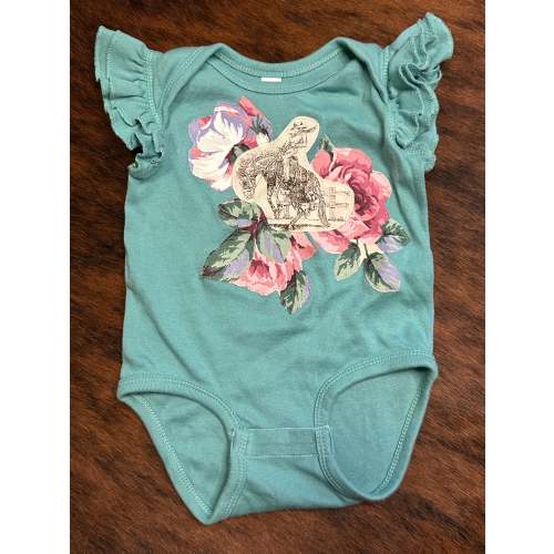 Cowgirl Bronc Rider & Roses Turquoise Ruffle Sleeve Onesie, Size 12 mons.