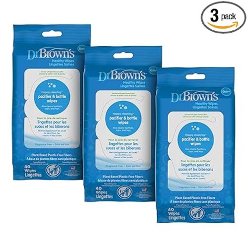 Dr. Brown's Bottle and Pacifier Healthy Wipes, Safely Clean Bottles, Baby Items, and Feeding Essentials, Hypoallergenic, 40 count, 3-Pack (Packaging May Vary)