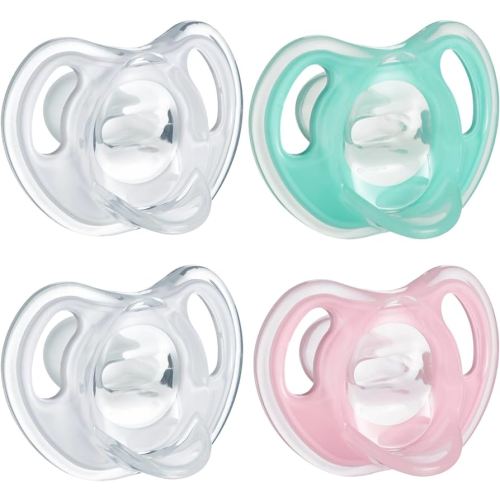Tommee Tippee Ultra-Light Silicone Pacifier, 0-6 Months, Symmetrical One-Piece Design, BPA-Free Silicone Binkies, Clear/Green/Pink, Pack of 4