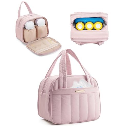 Marscamd Quilted Wearable Breast Pump Bag with Cooler Compartment, Wearable Pump Case Compatible with Momcozy and Most Brand Hands-Free Breast Pumps, Pink
