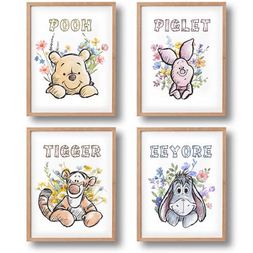 4PCS Winnie Nursery Decor,Pooh Poster for Boys and Girls, Adorable Poster Decor for Baby Room, Unframed Set of 4(11 * 14inch),Name