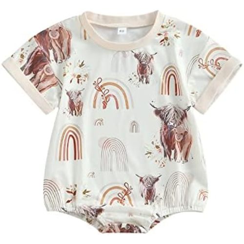 Kayotuas Western Baby Boy Girl Clothes Cow Print Bubble Romper Oversized Short Sleeve Tshirt Bodysuit Infant Summer Outfits