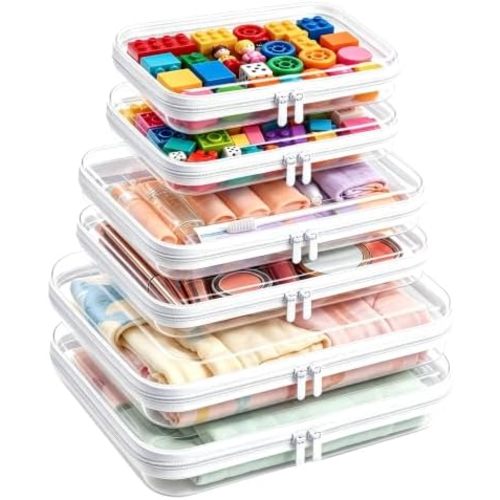 Clear Hard Shell Zipper Case,Diaper Bag Organizer Pouches,Clear Zipper Pouches,TSA Approved Travel Toiletry Bag, Organizer Bins for Toy Storage, Makeup Organizer and Car Organization 2L+2M+2S-White