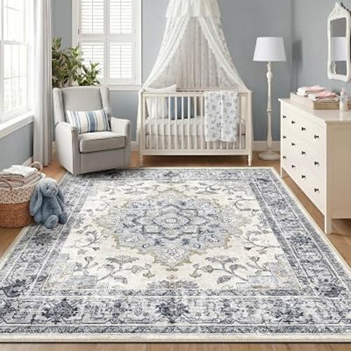 CAPALOCA Machine Washable Rugs Nursery Rug 6x9 Cute Girl Non Slip Low Pile Water Repellent Soft Print Pattern for Bedroom Indoor Decor Kids Playroom Blue White