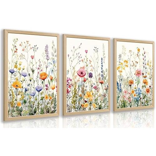 Grajoy Wood Framed Vintage Floral Wall Art Set of 3, Rustic Farmhouse Poster Prints, Watercolor Plant Flowers Wall Decor, Abstract Botanical Wildflower Canvas Painting for Living Room 12x16 Inch