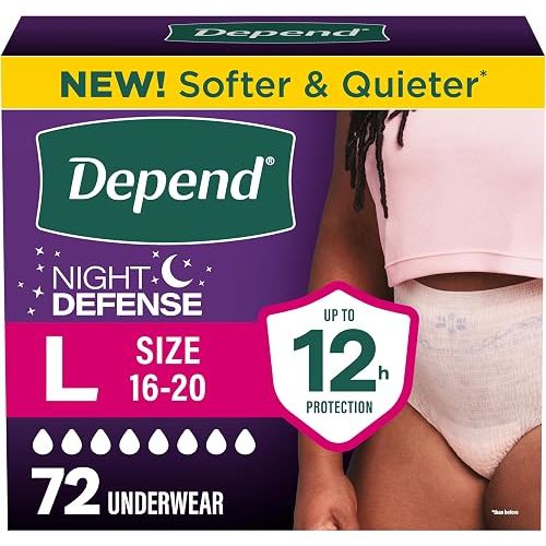 Depend Night Defense Adult Diapers, Incontinence & Postpartum Bladder Leak Underwear for Women, Disposable, Overnight, Large, Blush, 72 Count, Packaging May Vary