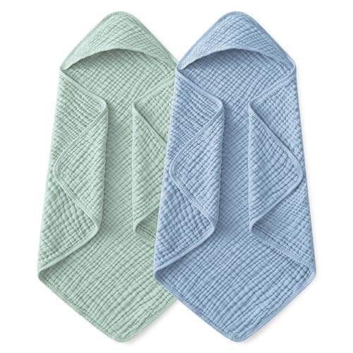 Yoofoss Hooded Baby Towels for Newborn 2 Pack 100% Muslin Organic Cotton Baby Bath Towel with Hood for Babies, Infant, Toddler and Kids, 37.5"x37.5", Soft and Absorbent Newborn Essential,Blue&Green