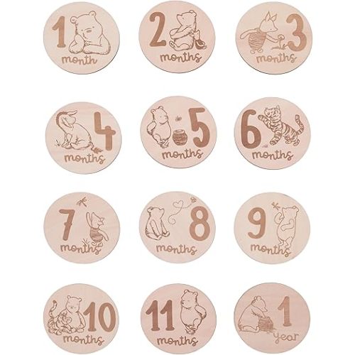 Disney Classic Winnie The Pooh Natural Wood Tone, 12 Piece Wooden Engraved Milestone Cards