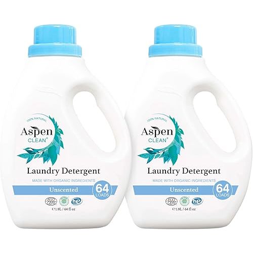 AspenClean Natural Laundry Detergent Unscented - 100% Natural, Organic, HE Liquid Laundry Detergent- Vegan, Non-Bio, Cruelty-Free, Biodegradable - Safe for Babies, Pets & Kids - EWG Certified (2 pack)