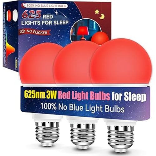 Neporal 3W 625nm Red Light Bulbs for Sleep, 100% Blue Light Blocking Bulb, Red Light Night Light for Melatonin Promoting, A19 40W Equivalent Dim Light Bulbs for Bedroom, Baby Nursery, 3 Pack