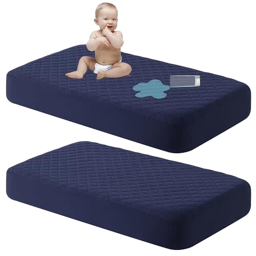 NTBAY 2 Pack Waterproof Mini Crib Mattress Protector, Quilted 24"x38" Fitted Mattress Cover - Machine Washable - Soft Baby Mattress Pad Sheet for Mini Crib and Baby Playards, Navy Blue