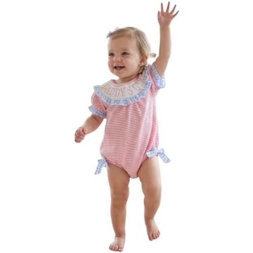 Baby Girl Summer Romper Plaid Ruffle Trim Daddys/Mamas Girl Letter Embroidered Striped Short Sleeve Bodysuit