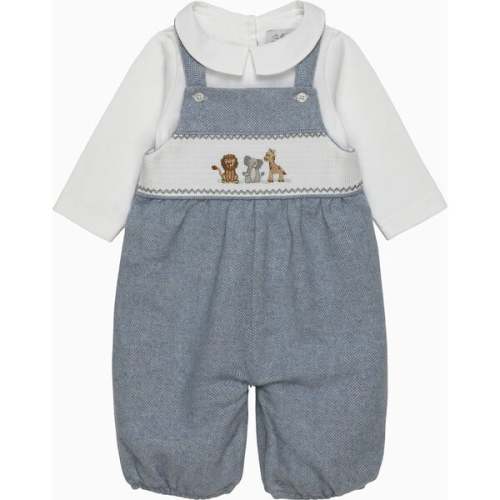 Augustus & Friends Smocked Dungaree Set, Pale Blue Herringbone - Trotters London | Maisonette