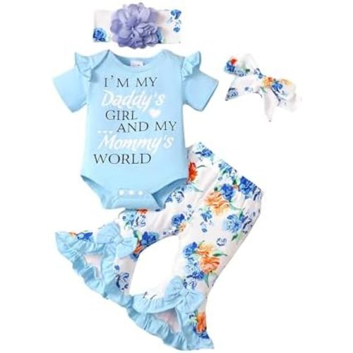 SUNNY PIGGY Newborn Baby Girl Clothes Infant Outfits Romper Floral Fall Outfit Bell Bottoms Pant Sets Hat Headband Flowerpant