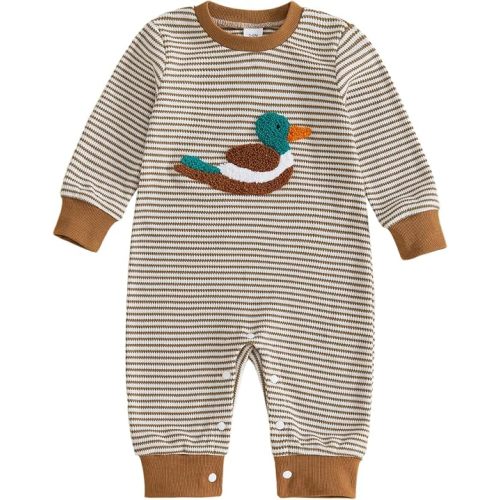 Gaono Baby Boy Hunting Romper Stripe Waffle Mallard Duck Embroidery Long Sleeve Bodysuit Jumpsuit Infant One Piece Overalls
