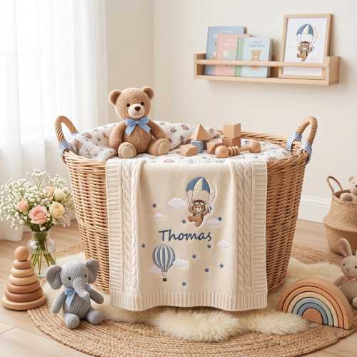 Personalized Baby Name Blanket, Embroidered Teddy Bear Balloon, Welcome Baby Blanket, Nursery Keepsake, Baby Birthday Gift, Baby Shower Gift