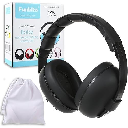 Funbliss Baby Ear Protection Noise Cancelling Headphones for Babies and Toddlers Baby Earmuffs - Ages 3-36 Months Black