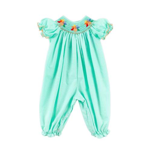 Turkey Smocked Mint Polka Dot Long Bubble